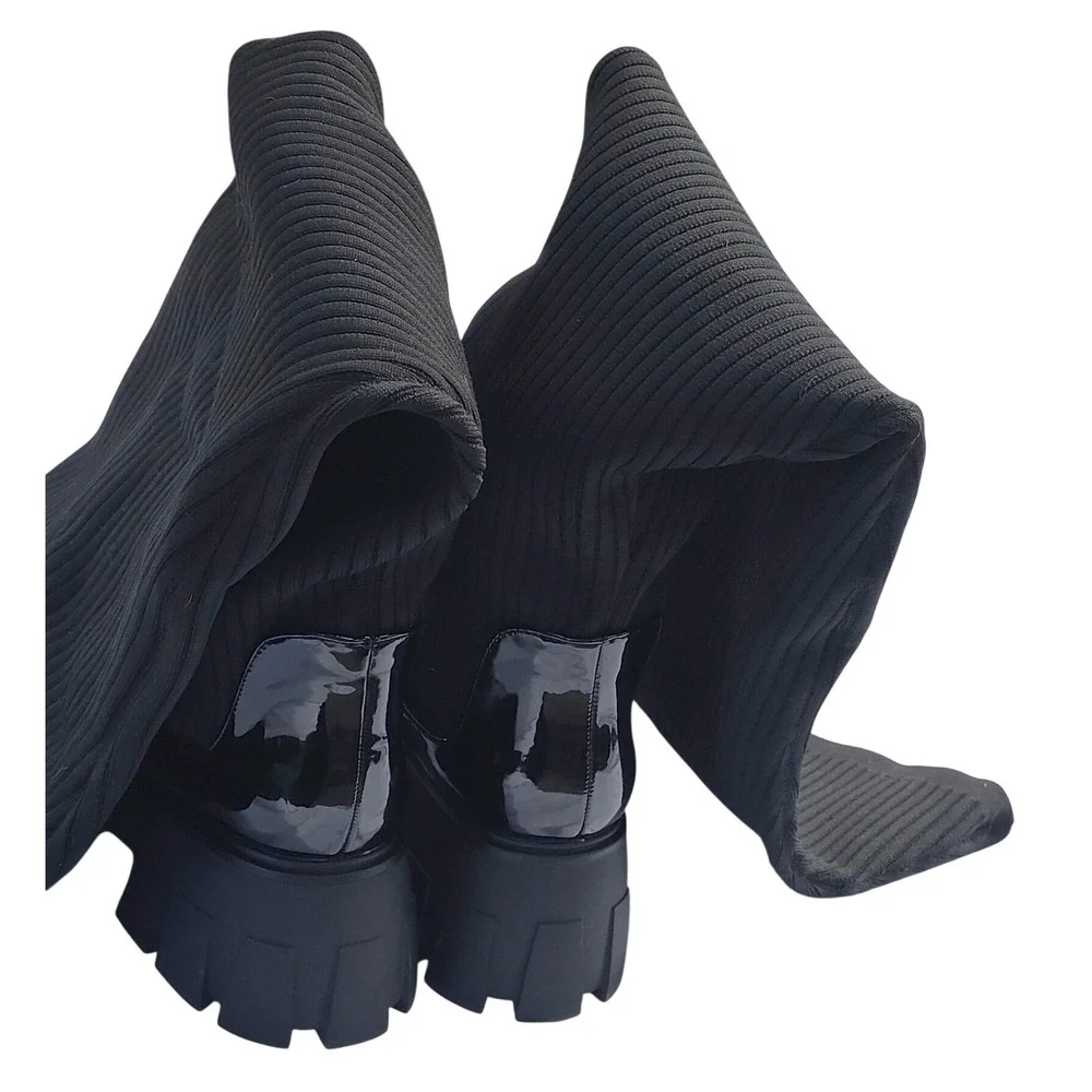 Fashion Figure Nadia Lug Sole Thigh High Boots Women 9 Black Patent Rib